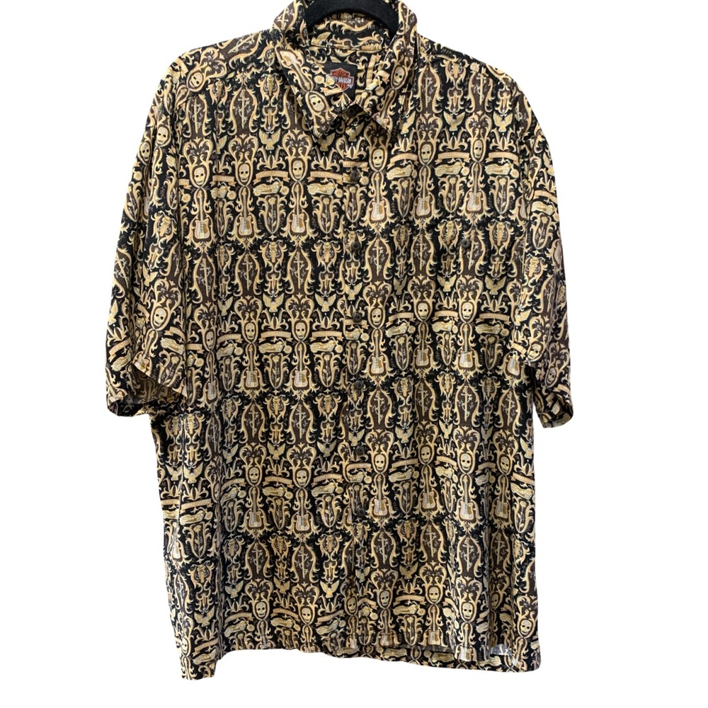 Harley Davidson Hawaiian Shirt Mens XL Motorcycle Button Up Guitar Cross Skulls